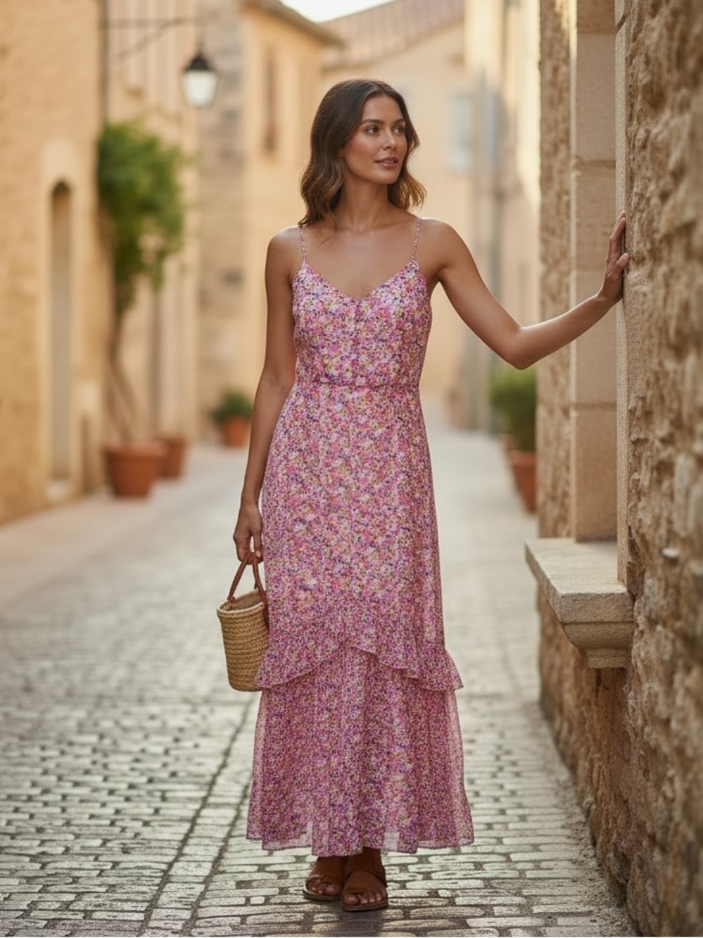 Lush Pink Floral Spaghetti Strap Ruffled Split Front Hem Maxi Dress. Size S NEW